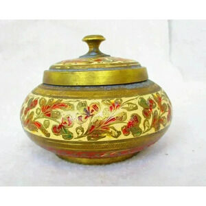 Enameled‎ brass jar with lid, etched painted India Trinket keepsake colorful red
